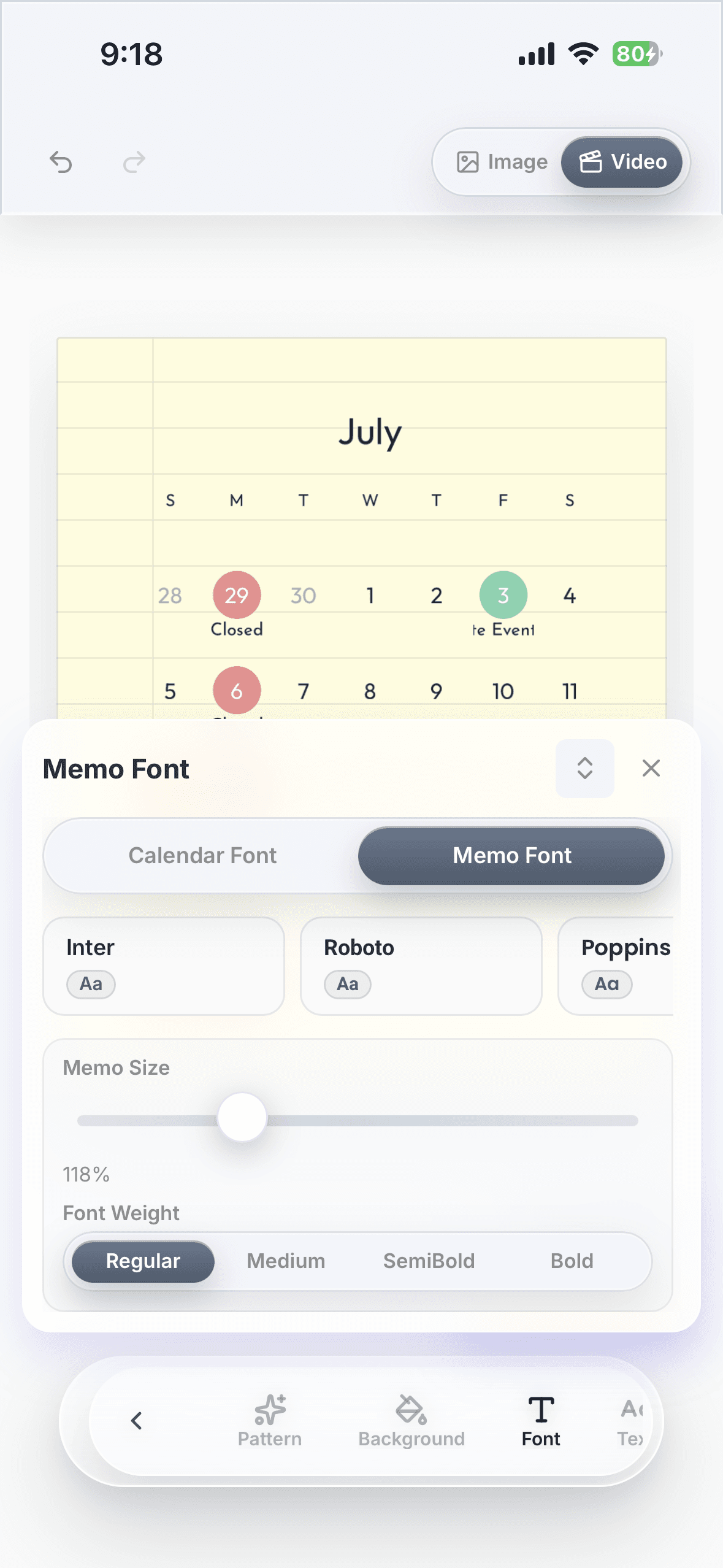 ohCalendar styling screen
